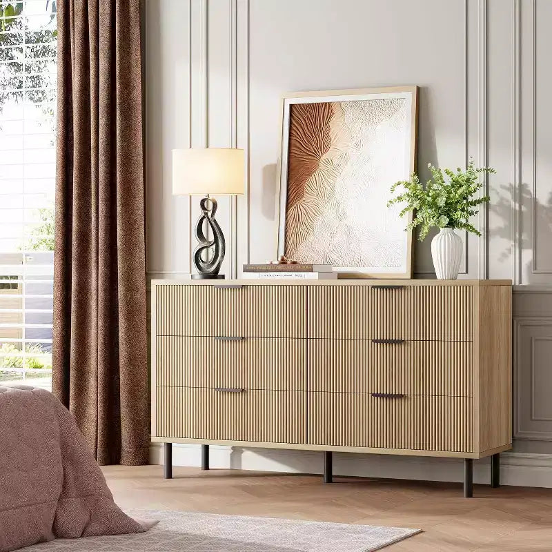 Commode cannelée à 6 tiroirs, commode de rangement moderne en bois à deux tiroirs avec pieds et poignées en métal, design anti-basculement, chambre, salon, couloir