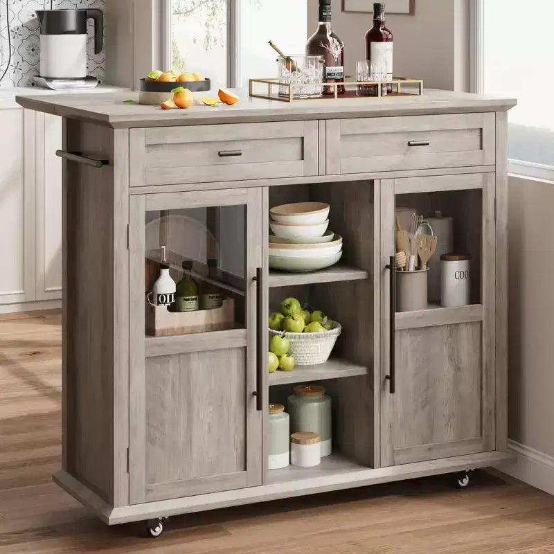 Mobile Kitchen Island, Rolling Kitchen Cart On Wheels With Widen Drop Leaf Top, With 2 Glass Doors, Spice Rack, Towel Holder, Can Storage & Towel Bar