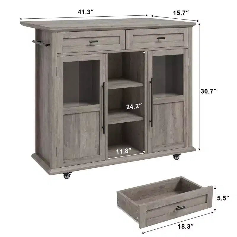 Mobile Kitchen Island, Rolling Kitchen Cart On Wheels With Widen Drop Leaf Top, With 2 Glass Doors, Spice Rack, Towel Holder, Can Storage & Towel Bar