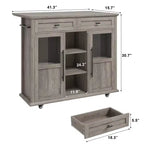 Mobile Kitchen Island, Rolling Kitchen Cart On Wheels With Widen Drop Leaf Top, With 2 Glass Doors, Spice Rack, Towel Holder, Can Storage & Towel Bar