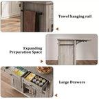 Mobile Kitchen Island, Rolling Kitchen Cart On Wheels With Widen Drop Leaf Top, With 2 Glass Doors, Spice Rack, Towel Holder, Can Storage & Towel Bar