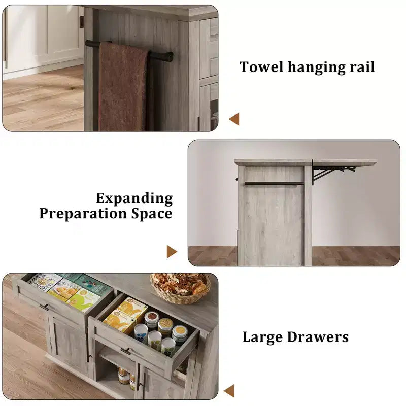 Mobile Kitchen Island, Rolling Kitchen Cart On Wheels With Widen Drop Leaf Top, With 2 Glass Doors, Spice Rack, Towel Holder, Can Storage & Towel Bar