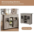 Mobile Kitchen Island, Rolling Kitchen Cart On Wheels With Widen Drop Leaf Top, With 2 Glass Doors, Spice Rack, Towel Holder, Can Storage & Towel Bar
