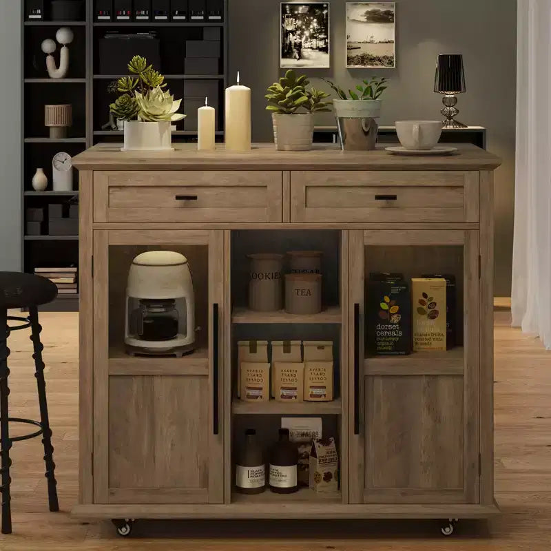 Mobile Kitchen Island, Rolling Kitchen Cart On Wheels With Widen Drop Leaf Top, With 2 Glass Doors, Spice Rack, Towel Holder, Can Storage & Towel Bar