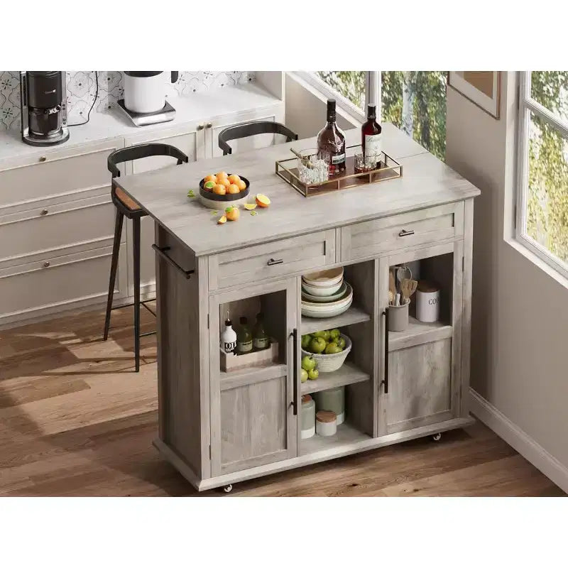 Mobile Kitchen Island, Rolling Kitchen Cart On Wheels With Widen Drop Leaf Top, With 2 Glass Doors, Spice Rack, Towel Holder, Can Storage & Towel Bar
