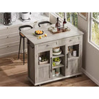 Mobile Kitchen Island, Rolling Kitchen Cart On Wheels With Widen Drop Leaf Top, With 2 Glass Doors, Spice Rack, Towel Holder, Can Storage & Towel Bar