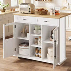 Mobile Kitchen Island, Rolling Kitchen Cart On Wheels With Widen Drop Leaf Top, With 2 Glass Doors, Spice Rack, Towel Holder, Can Storage & Towel Bar