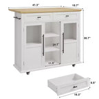 Mobile Kitchen Island, Rolling Kitchen Cart On Wheels With Widen Drop Leaf Top, With 2 Glass Doors, Spice Rack, Towel Holder, Can Storage & Towel Bar