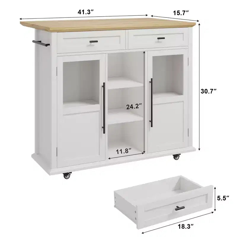 Mobile Kitchen Island, Rolling Kitchen Cart On Wheels With Widen Drop Leaf Top, With 2 Glass Doors, Spice Rack, Towel Holder, Can Storage & Towel Bar