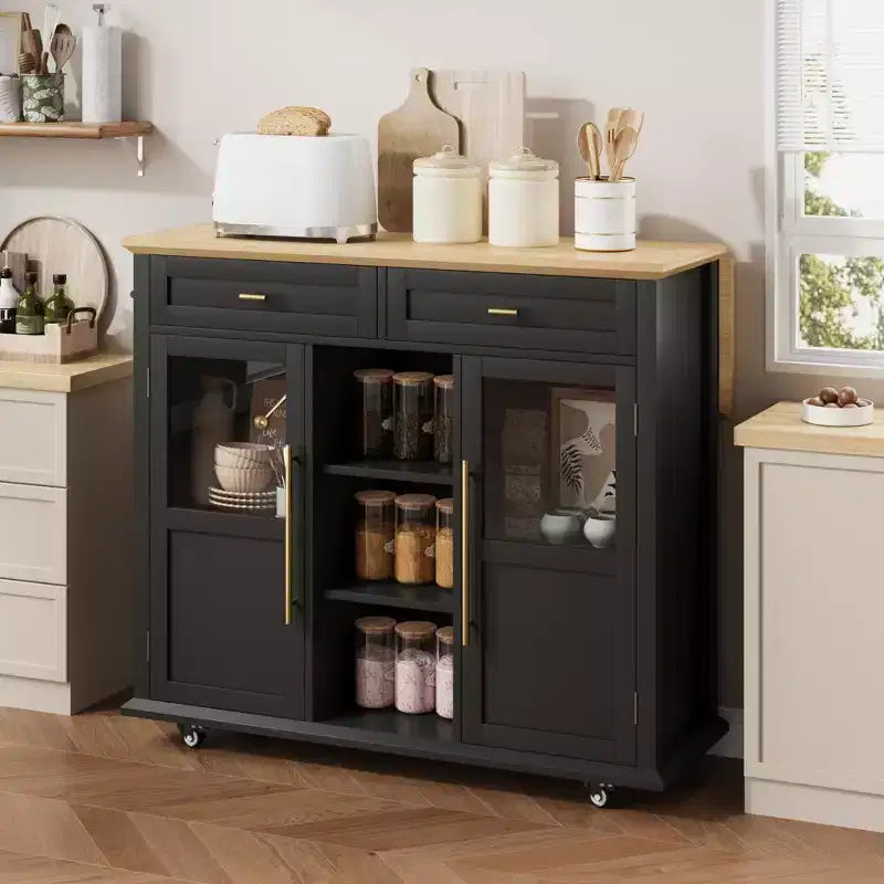 Mobile Kitchen Island, Rolling Kitchen Cart On Wheels With Widen Drop Leaf Top, With 2 Glass Doors, Spice Rack, Towel Holder, Can Storage & Towel Bar