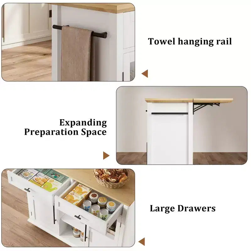 Mobile Kitchen Island, Rolling Kitchen Cart On Wheels With Widen Drop Leaf Top, With 2 Glass Doors, Spice Rack, Towel Holder, Can Storage & Towel Bar