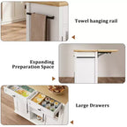 Mobile Kitchen Island, Rolling Kitchen Cart On Wheels With Widen Drop Leaf Top, With 2 Glass Doors, Spice Rack, Towel Holder, Can Storage & Towel Bar