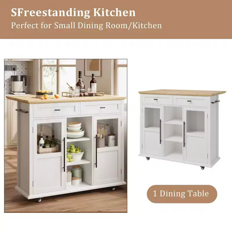 Mobile Kitchen Island, Rolling Kitchen Cart On Wheels With Widen Drop Leaf Top, With 2 Glass Doors, Spice Rack, Towel Holder, Can Storage & Towel Bar