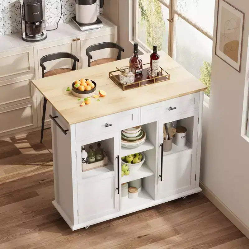 Mobile Kitchen Island, Rolling Kitchen Cart On Wheels With Widen Drop Leaf Top, With 2 Glass Doors, Spice Rack, Towel Holder, Can Storage & Towel Bar