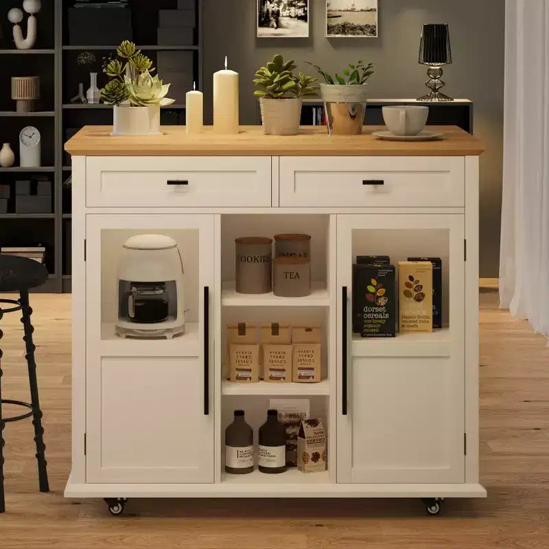 Mobile Kitchen Island, Rolling Kitchen Cart On Wheels With Widen Drop Leaf Top, With 2 Glass Doors, Spice Rack, Towel Holder, Can Storage & Towel Bar