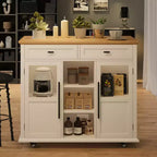 Mobile Kitchen Island, Rolling Kitchen Cart On Wheels With Widen Drop Leaf Top, With 2 Glass Doors, Spice Rack, Towel Holder, Can Storage & Towel Bar
