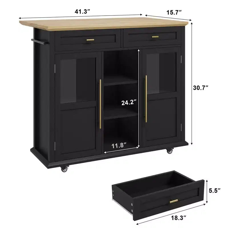 Mobile Kitchen Island, Rolling Kitchen Cart On Wheels With Widen Drop Leaf Top, With 2 Glass Doors, Spice Rack, Towel Holder, Can Storage & Towel Bar