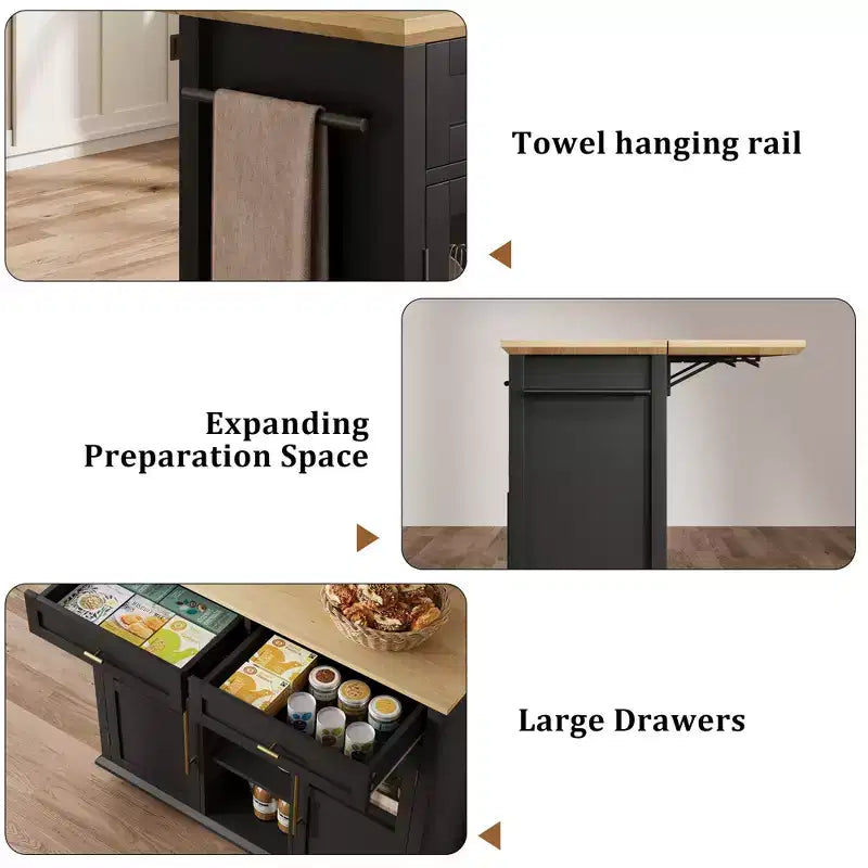 Mobile Kitchen Island, Rolling Kitchen Cart On Wheels With Widen Drop Leaf Top, With 2 Glass Doors, Spice Rack, Towel Holder, Can Storage & Towel Bar