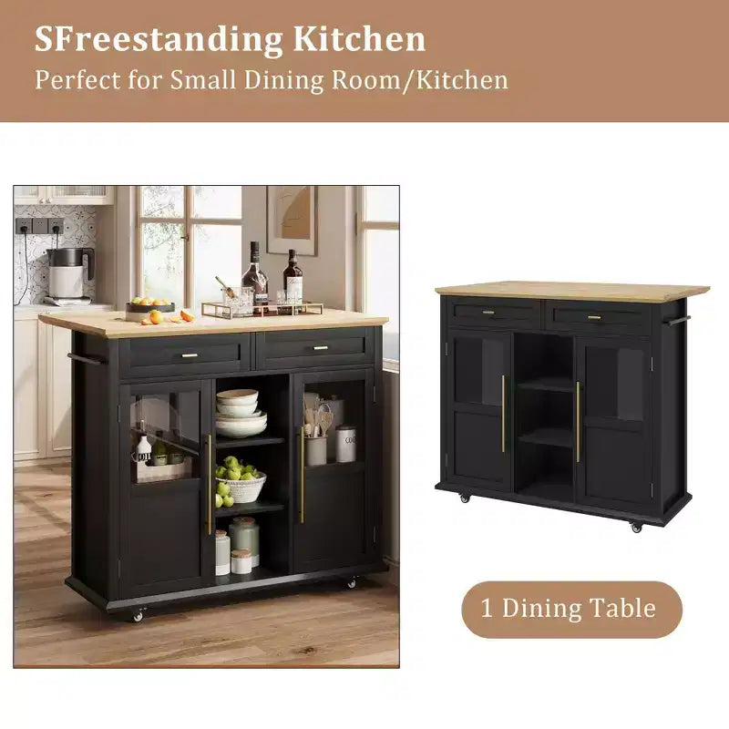 Mobile Kitchen Island, Rolling Kitchen Cart On Wheels With Widen Drop Leaf Top, With 2 Glass Doors, Spice Rack, Towel Holder, Can Storage & Towel Bar
