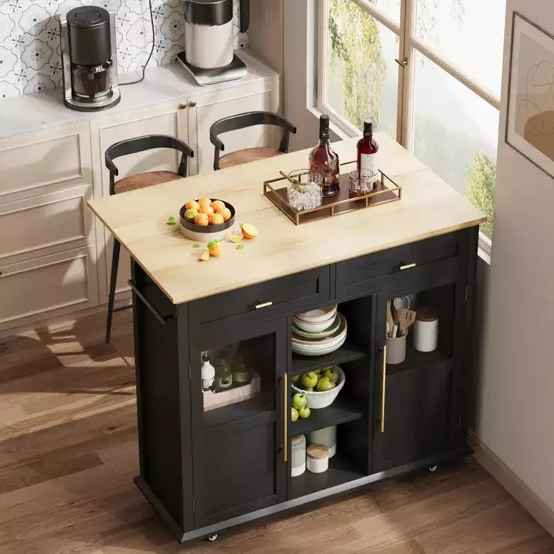 Mobile Kitchen Island, Rolling Kitchen Cart On Wheels With Widen Drop Leaf Top, With 2 Glass Doors, Spice Rack, Towel Holder, Can Storage & Towel Bar