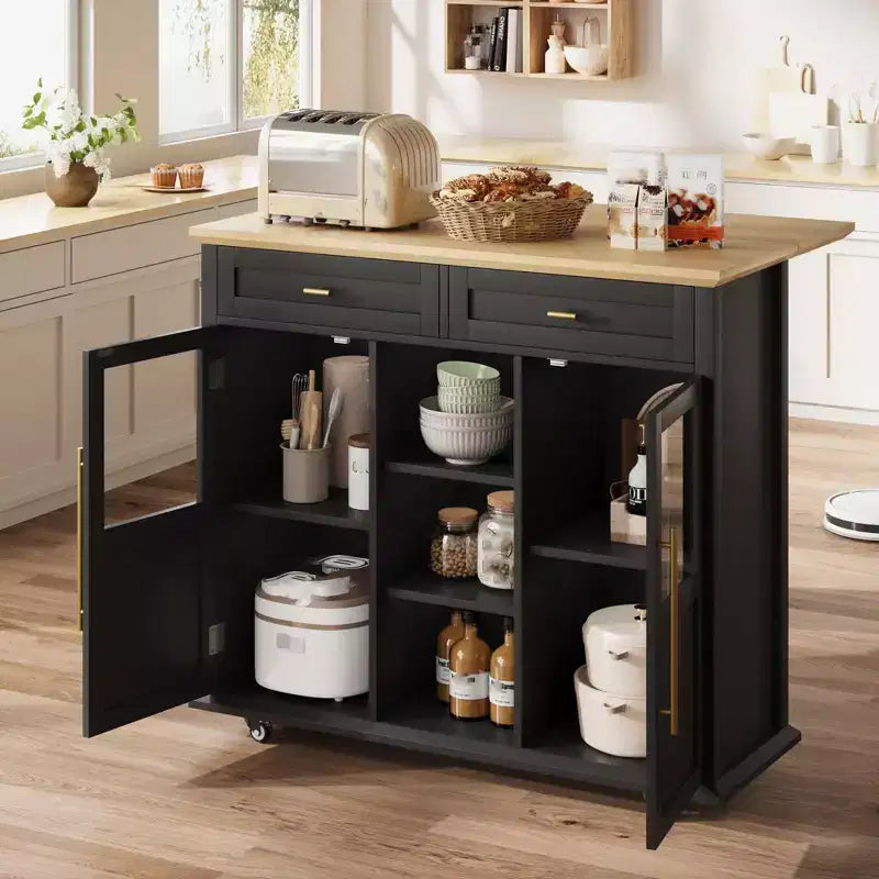 Mobile Kitchen Island, Rolling Kitchen Cart On Wheels With Widen Drop Leaf Top, With 2 Glass Doors, Spice Rack, Towel Holder, Can Storage & Towel Bar