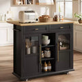 Mobile Kitchen Island, Rolling Kitchen Cart On Wheels With Widen Drop Leaf Top, With 2 Glass Doors, Spice Rack, Towel Holder, Can Storage & Towel Bar