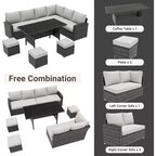 Acekool Ensemble de 7 meubles de patio d'extérieur avec rotin PE gris, coussins et table en verre pour porche, balcon et jardin.