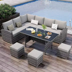 Acekool Ensemble de 7 meubles de patio d'extérieur avec rotin PE gris, coussins et table en verre pour porche, balcon et jardin.