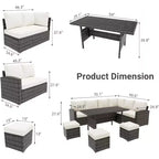 Acekool Ensemble de 7 meubles de patio d'extérieur avec rotin PE gris, coussins et table en verre pour porche, balcon et jardin.