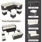 Acekool Ensemble de 7 meubles de patio d'extérieur avec rotin PE gris, coussins et table en verre pour porche, balcon et jardin.
