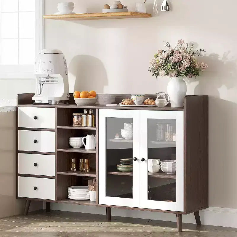 Meuble de bar à café de ferme avec rangement, Buffet de cuisine de 140 cm avec portes vitrées et étagères ouvertes, Meubles de rangement en bois