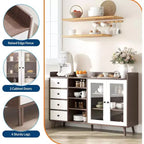Meuble de bar à café de ferme avec rangement, Buffet de cuisine de 140 cm avec portes vitrées et étagères ouvertes, Meubles de rangement en bois