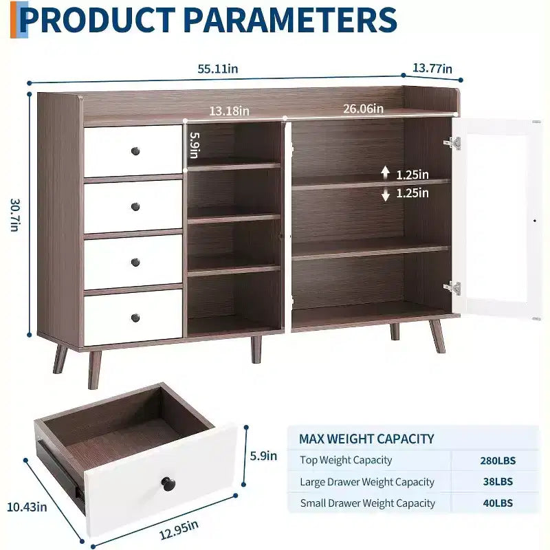 Meuble de bar à café de ferme avec rangement, Buffet de cuisine de 140 cm avec portes vitrées et étagères ouvertes, Meubles de rangement en bois
