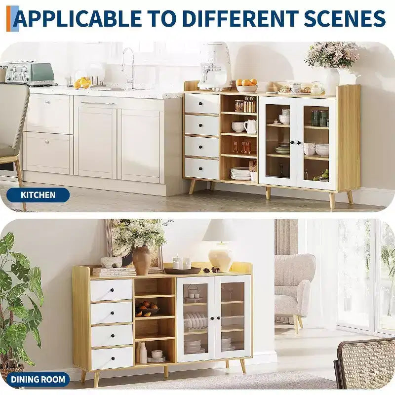 Meuble de bar à café de ferme avec rangement, Buffet de cuisine de 140 cm avec portes vitrées et étagères ouvertes, Meubles de rangement en bois