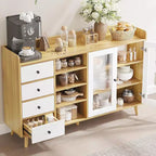 Meuble de bar à café de ferme avec rangement, Buffet de cuisine de 140 cm avec portes vitrées et étagères ouvertes, Meubles de rangement en bois