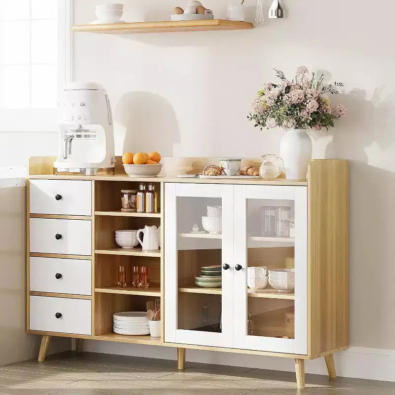 Meuble de bar à café de ferme avec rangement, Buffet de cuisine de 140 cm avec portes vitrées et étagères ouvertes, Meubles de rangement en bois
