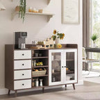 Meuble de bar à café de ferme avec rangement, Buffet de cuisine de 140 cm avec portes vitrées et étagères ouvertes, Meubles de rangement en bois