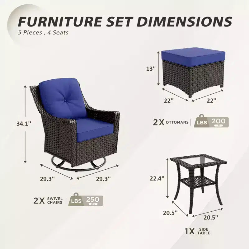 EAGLE PEAK Azure Bay 5 Pieces Wicker Outdoor Patio Furniture Set, Swivel Rocking Chairs with Ottomans, Side Table