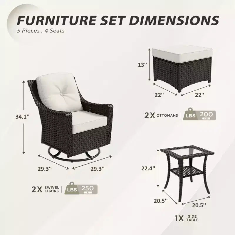 EAGLE PEAK Azure Bay 5 Pieces Wicker Outdoor Patio Furniture Set, Swivel Rocking Chairs with Ottomans, Side Table