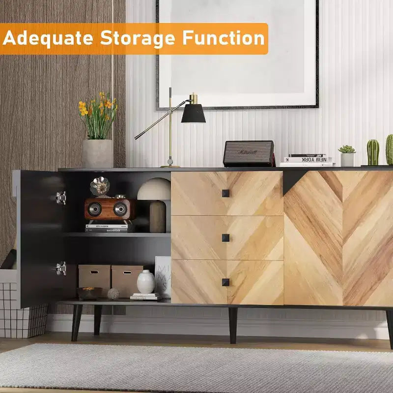 Garvee 55.1 Woodgrain 3-Drawer Storage Cabinet with Adjustable Shelf & Doors  Modern Sideboard Buffet for Dining Room