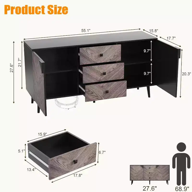 Garvee 55.1 Woodgrain 3-Drawer Storage Cabinet with Adjustable Shelf & Doors  Modern Sideboard Buffet for Dining Room