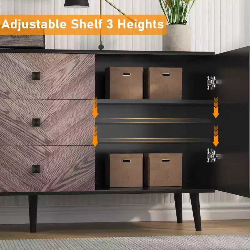 Garvee 55.1 Woodgrain 3-Drawer Storage Cabinet with Adjustable Shelf & Doors  Modern Sideboard Buffet for Dining Room
