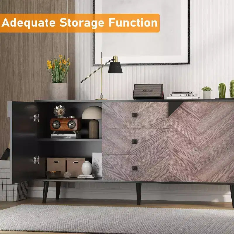 Garvee 55.1 Woodgrain 3-Drawer Storage Cabinet with Adjustable Shelf & Doors  Modern Sideboard Buffet for Dining Room