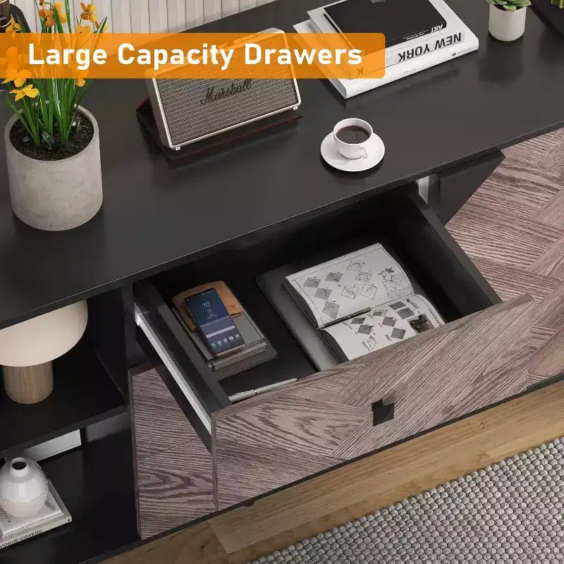 Garvee 55.1 Woodgrain 3-Drawer Storage Cabinet with Adjustable Shelf & Doors  Modern Sideboard Buffet for Dining Room