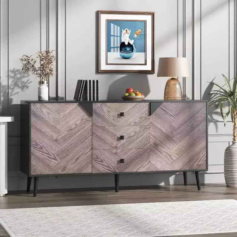 Garvee 55.1 Woodgrain 3-Drawer Storage Cabinet with Adjustable Shelf & Doors  Modern Sideboard Buffet for Dining Room