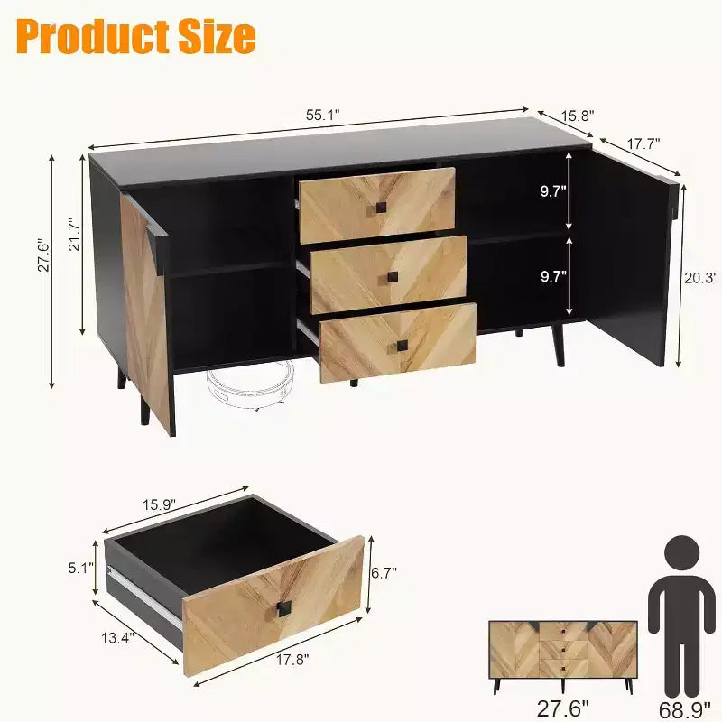 Garvee 55.1 Woodgrain 3-Drawer Storage Cabinet with Adjustable Shelf & Doors  Modern Sideboard Buffet for Dining Room