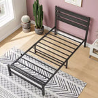 CLIHOME Black Platform Bed Frame with Rustic Vintage Wood Headboard, No Box Spring Needed