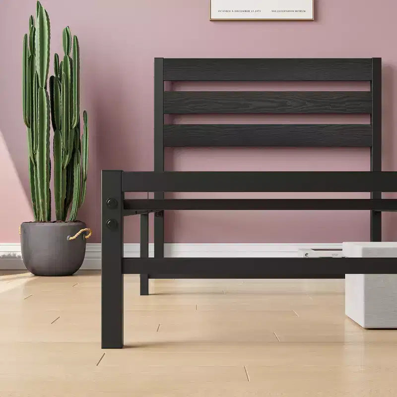 CLIHOME Black Platform Bed Frame with Rustic Vintage Wood Headboard, No Box Spring Needed