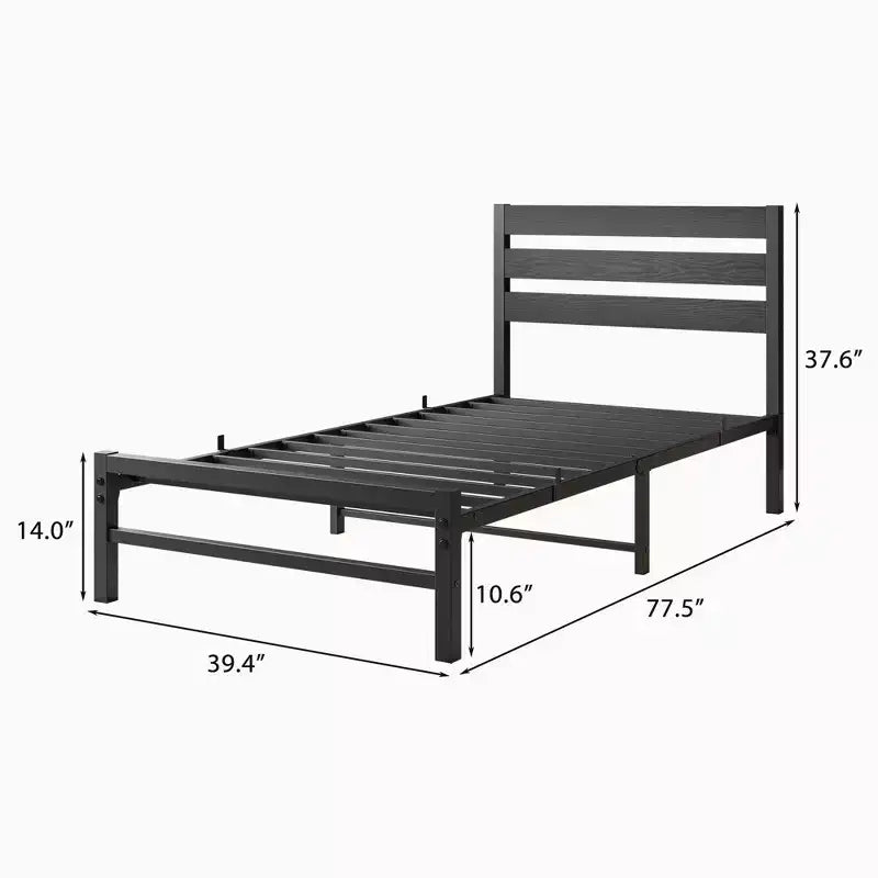 CLIHOME Black Platform Bed Frame with Rustic Vintage Wood Headboard, No Box Spring Needed