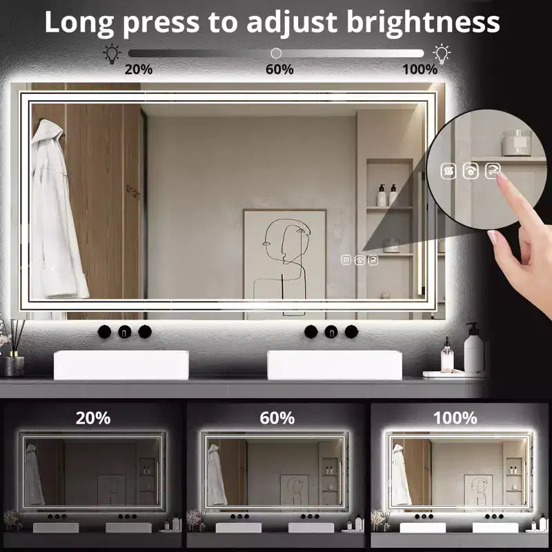 55x30 LED Bathroom Mirror with Lights,Anti-Fog,Dimmable,Backlit + Front Lit,Memory,Double LED Vanity,3 Colors,Stepless Dimming